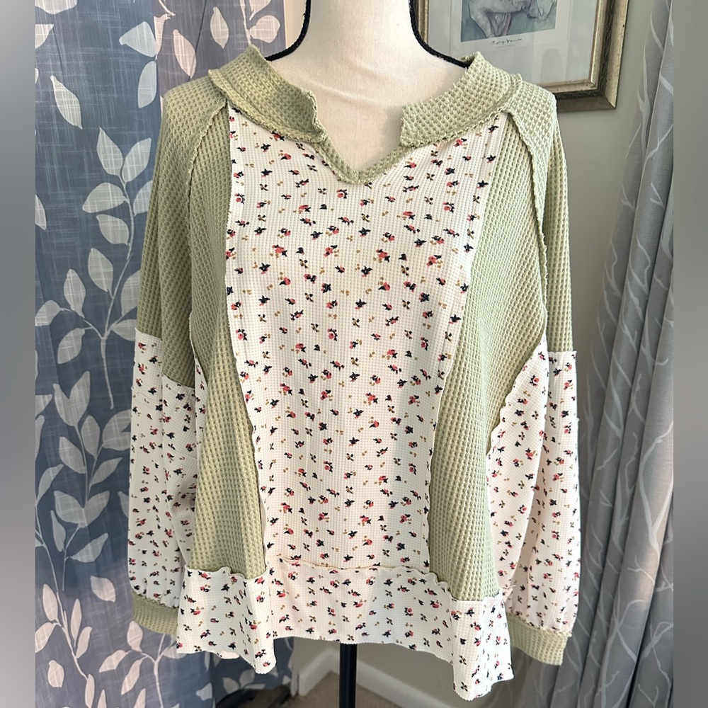 Floral and Green Waffle Knit Top